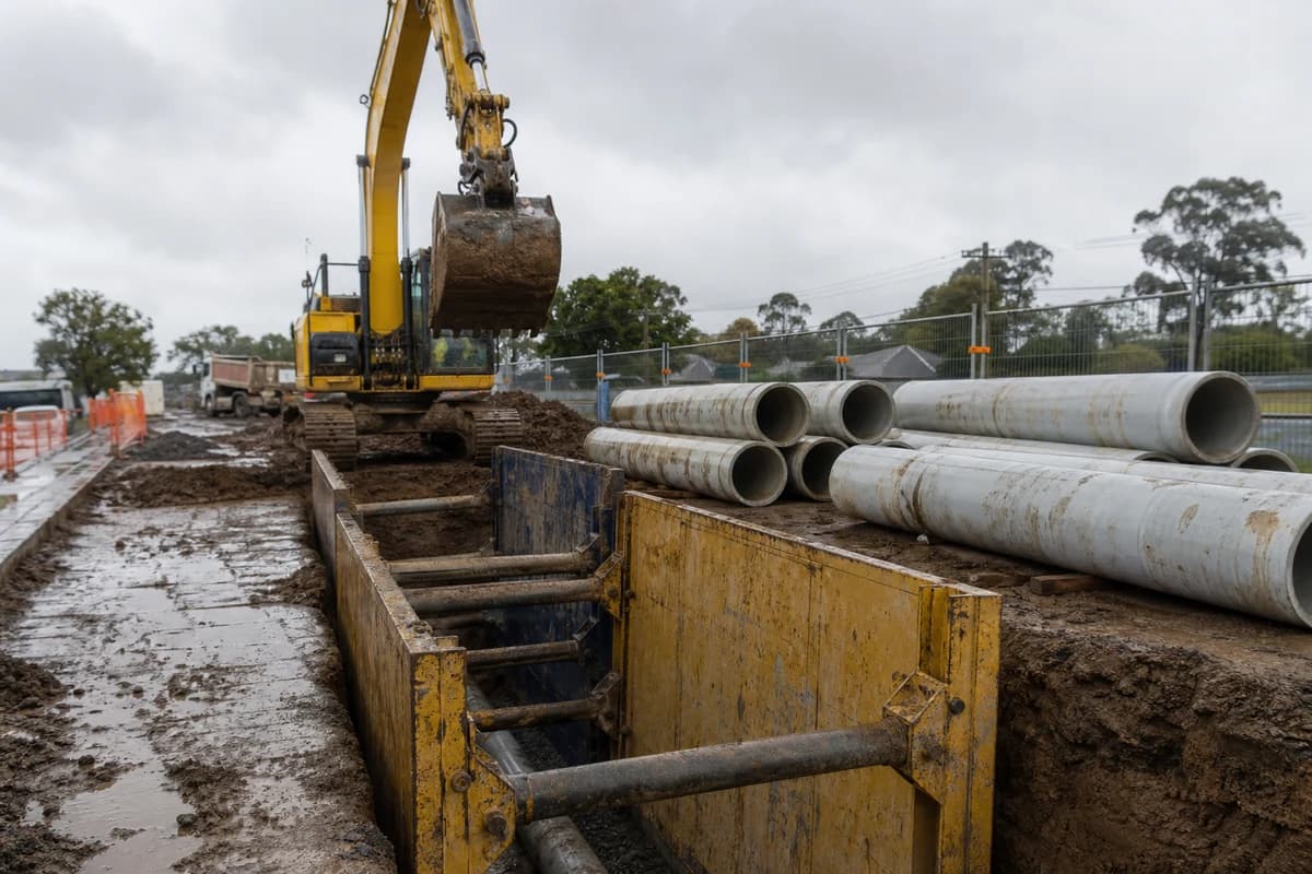 Stormwater drainage contractor NSW utility trench with excavator, shoring, and stacked pipe in wet conditions