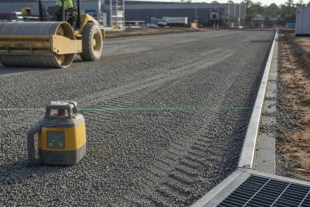Structural civil works NSW hardstand base inspection with laser level on compacted gravel and edge drain at pad perimeter