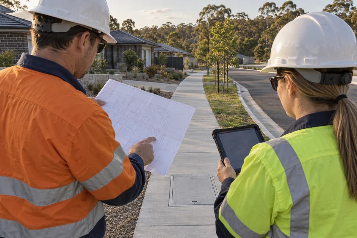 Illustrative Australian civil supervisors reviewing drawings and a tablet beside a closed service lid on a NSW subdivision footpath
