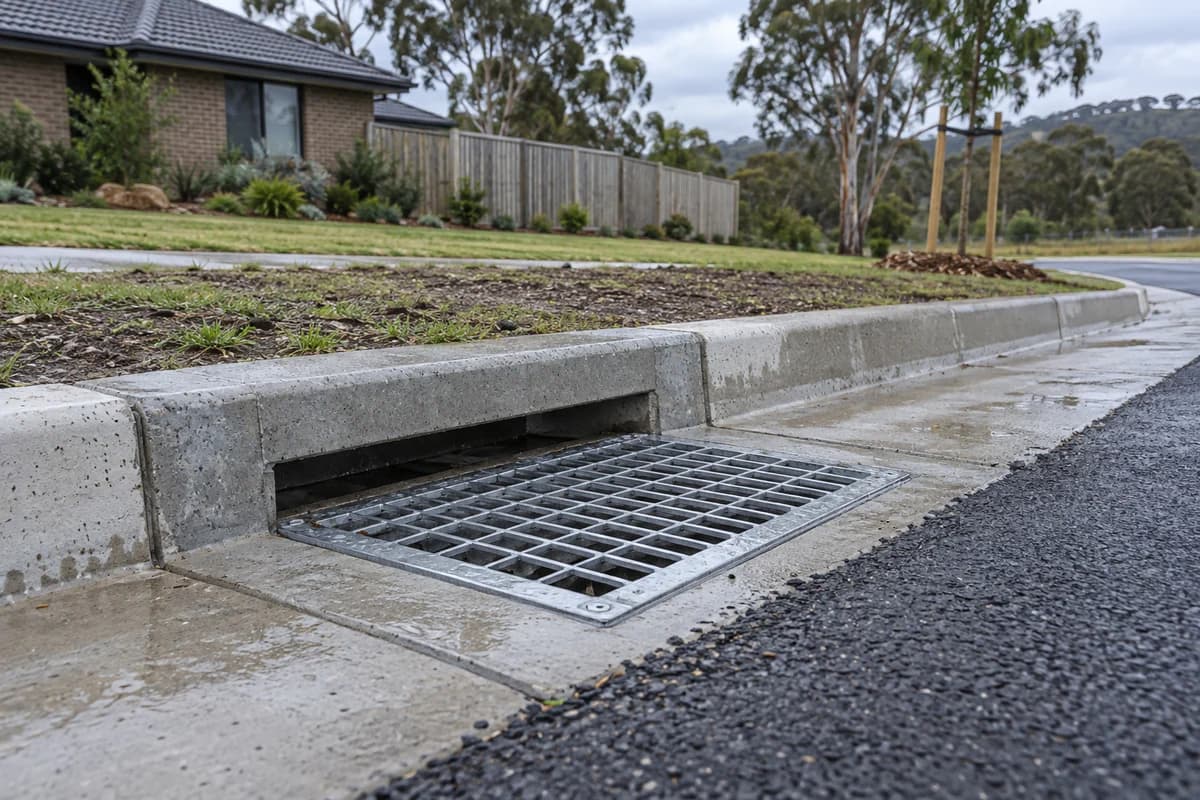 Illustrative stormwater grate and concrete kerb inlet meeting new asphalt beside a eucalyptus-lined NSW subdivision street, Australia
