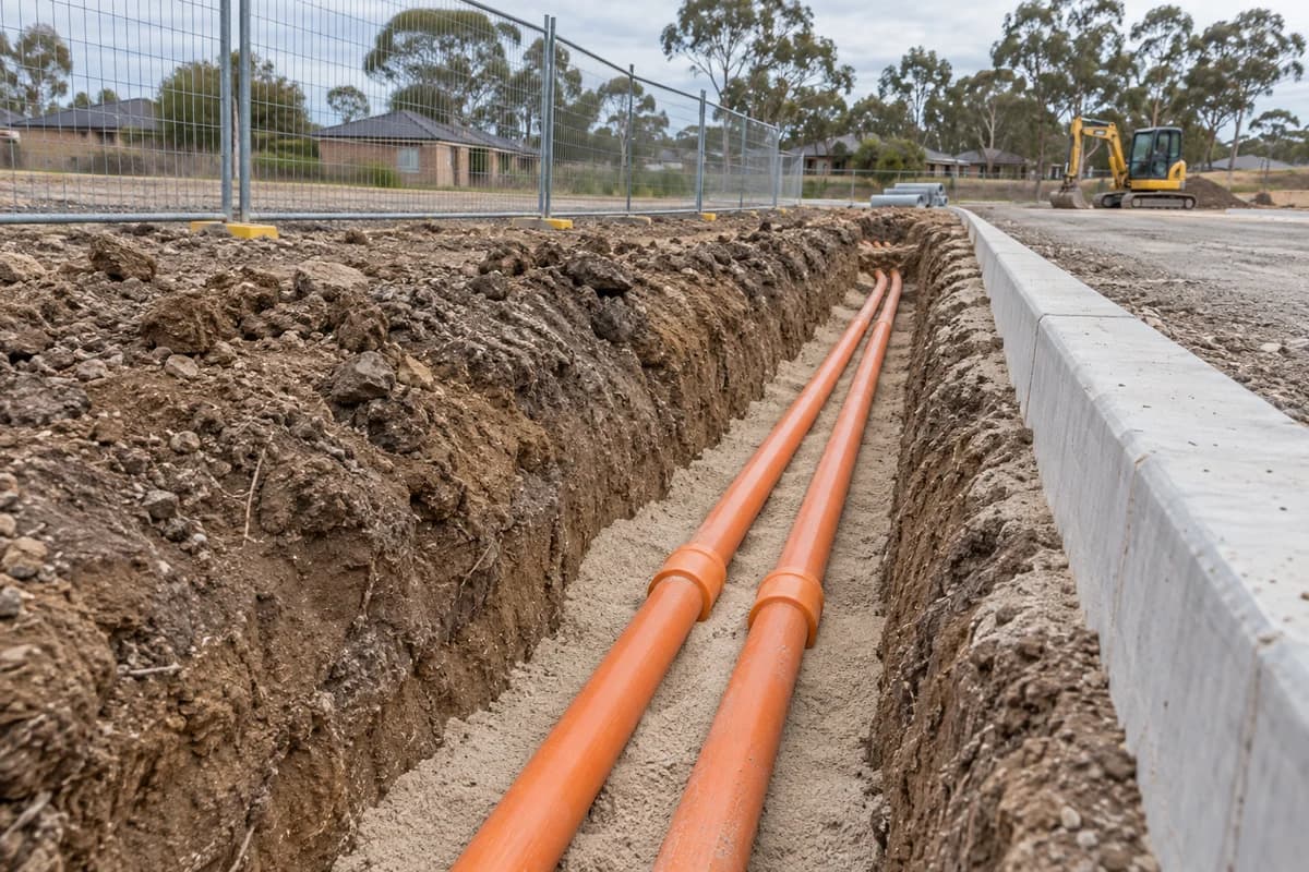 Illustrative orange utility conduits on bedding beside a new kerb and fenced subdivision work area in NSW, Australia