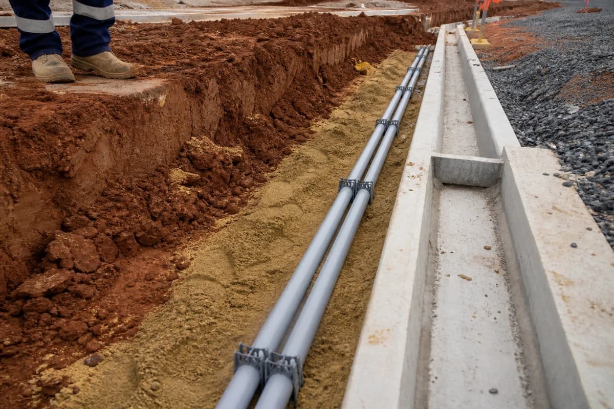 Conduit duct banks in an open trench beside pad-edge drainage during substation civil works NSW