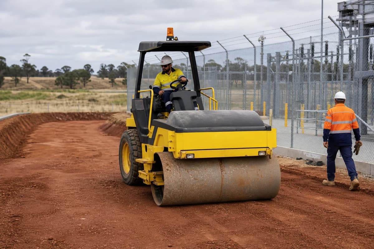 Substation civil works NSW pad formation under compaction beside a fenced renewable energy compound in Central-West Orana, Australia