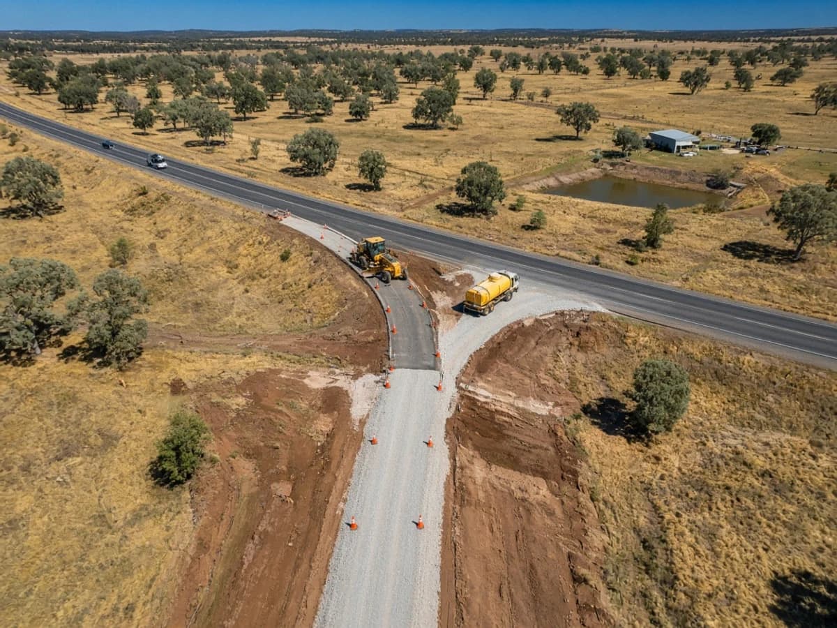 Aerial view of a new gravel access road tie-in to a sealed regional highway in inland New South Wales with a grader, water cart, and coned traffic taper, Australia