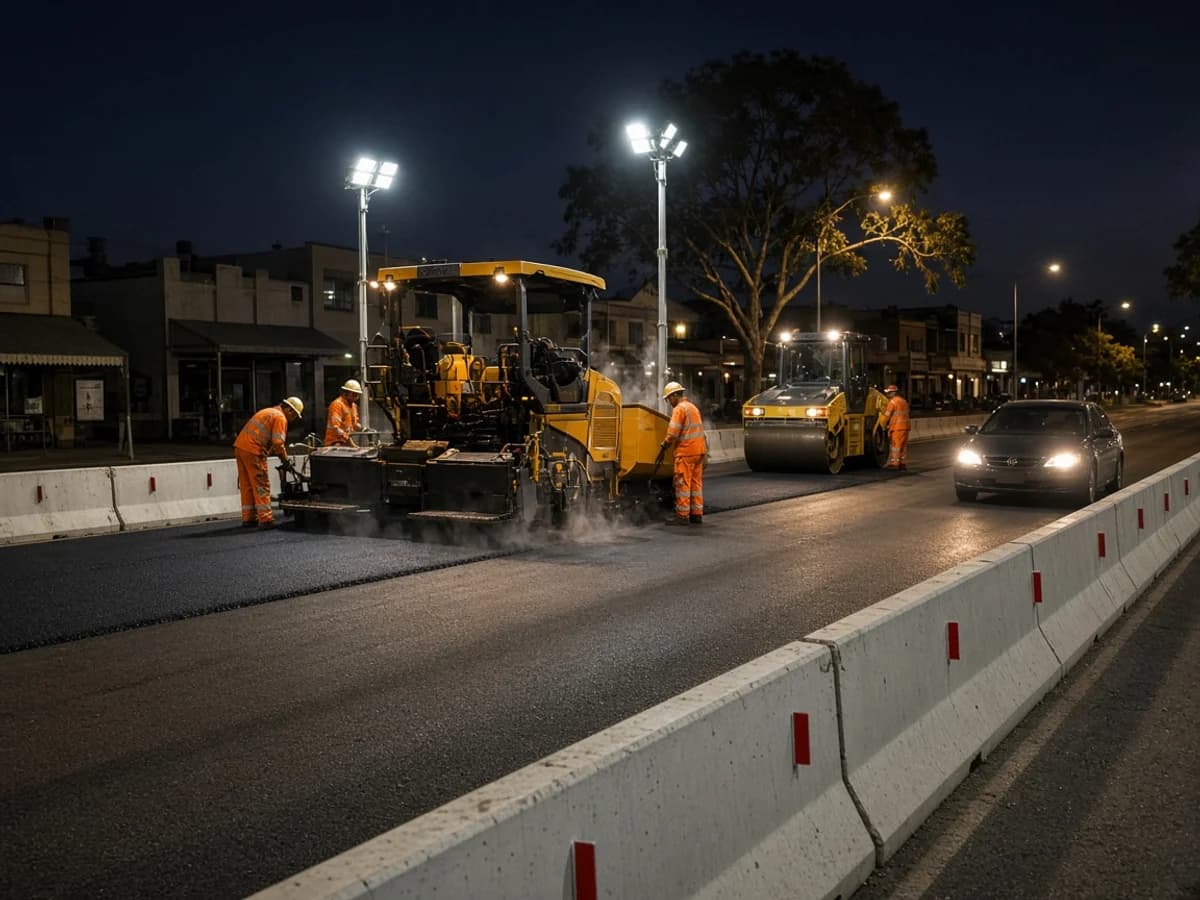 Night asphalt works on a New South Wales town road with a paver and roller under lighting towers behind concrete safety barriers next to one open live lane, Australia