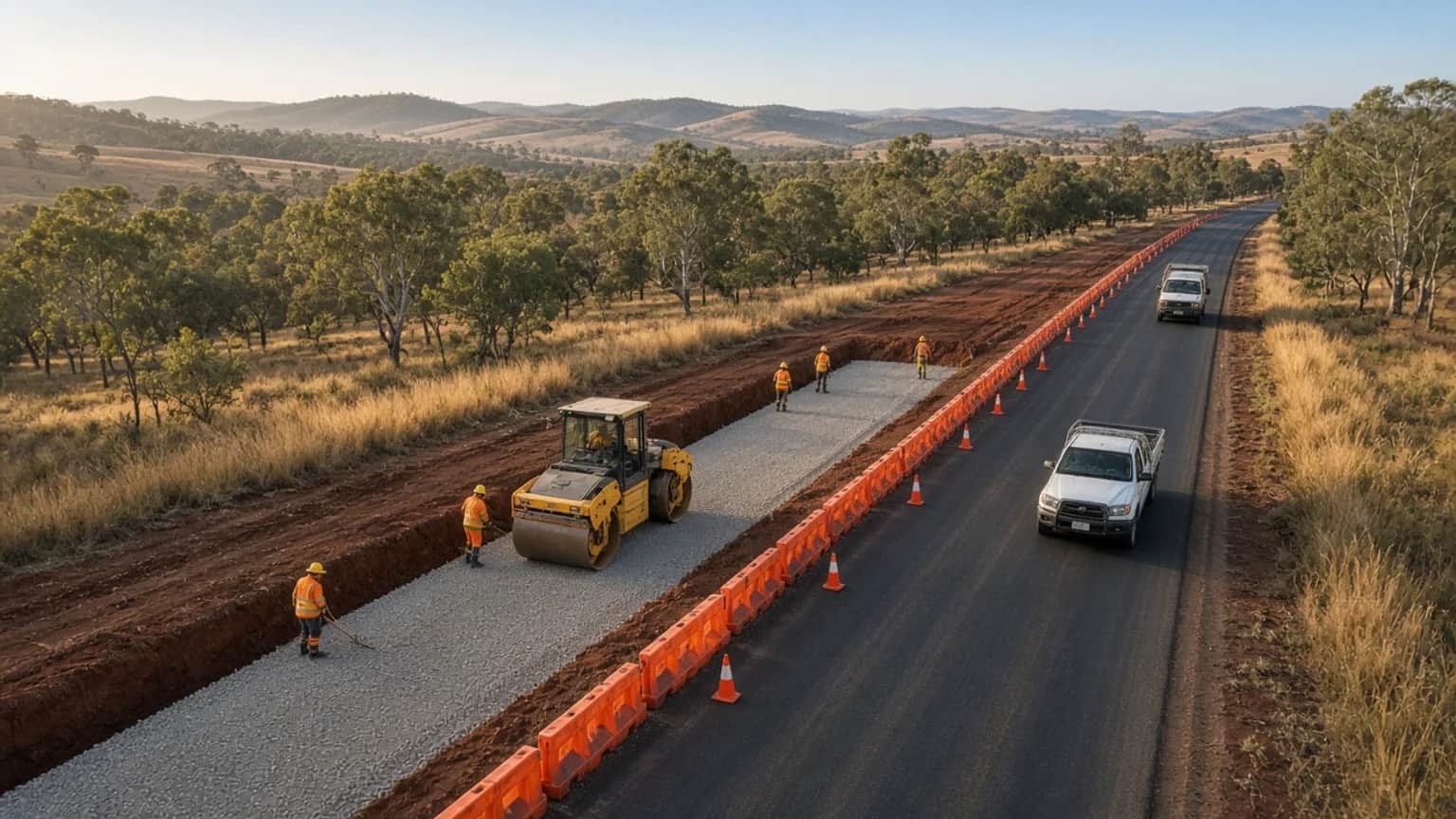 Traffic staging roadworks NSW with a yellow roller compacting basecourse in a half-width pavement box beside one open lane separated by orange water-filled barriers on a regional New South Wales road, Australia