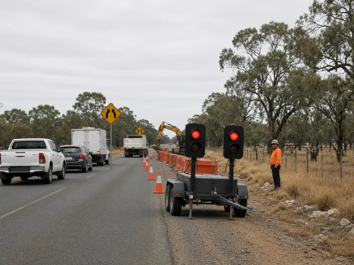 Portable traffic signals holding a queue of vehicles at a single-lane shuttle through roadworks on a rural New South Wales road lined with eucalypts, Australia