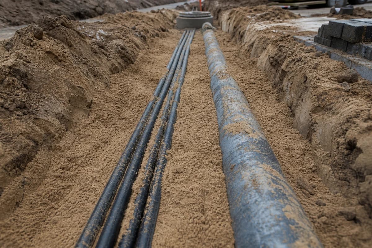 Sand bedding and conduit duct bank in an open utility trench during utility trenching NSW works