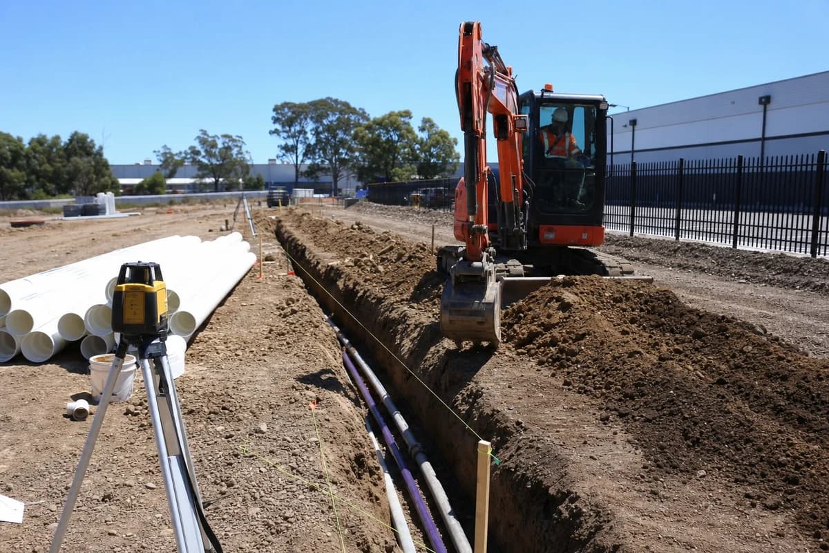 Utility trenching contractor NSW excavator opening a multi-service corridor beside surveyed stringlines on an industrial lot