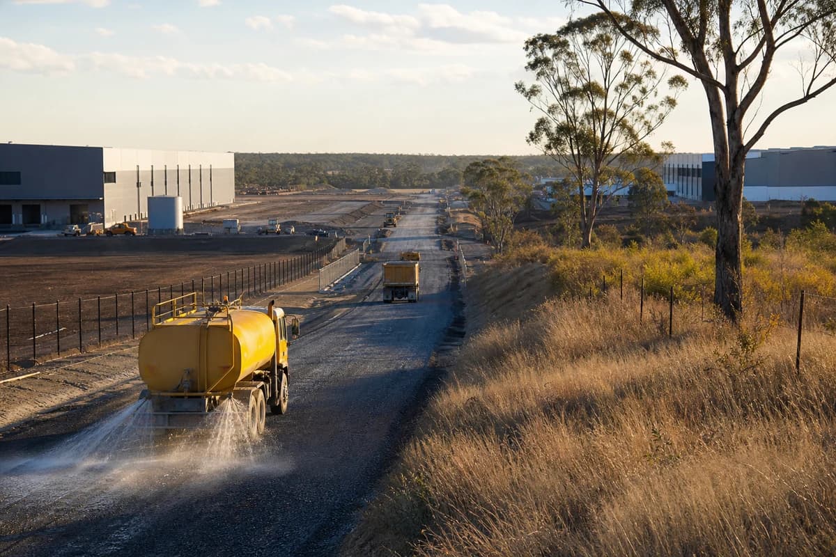 NSW logistics estate temporary haul road and heavy-vehicle access corridor between warehouse lots under late-afternoon Australian light