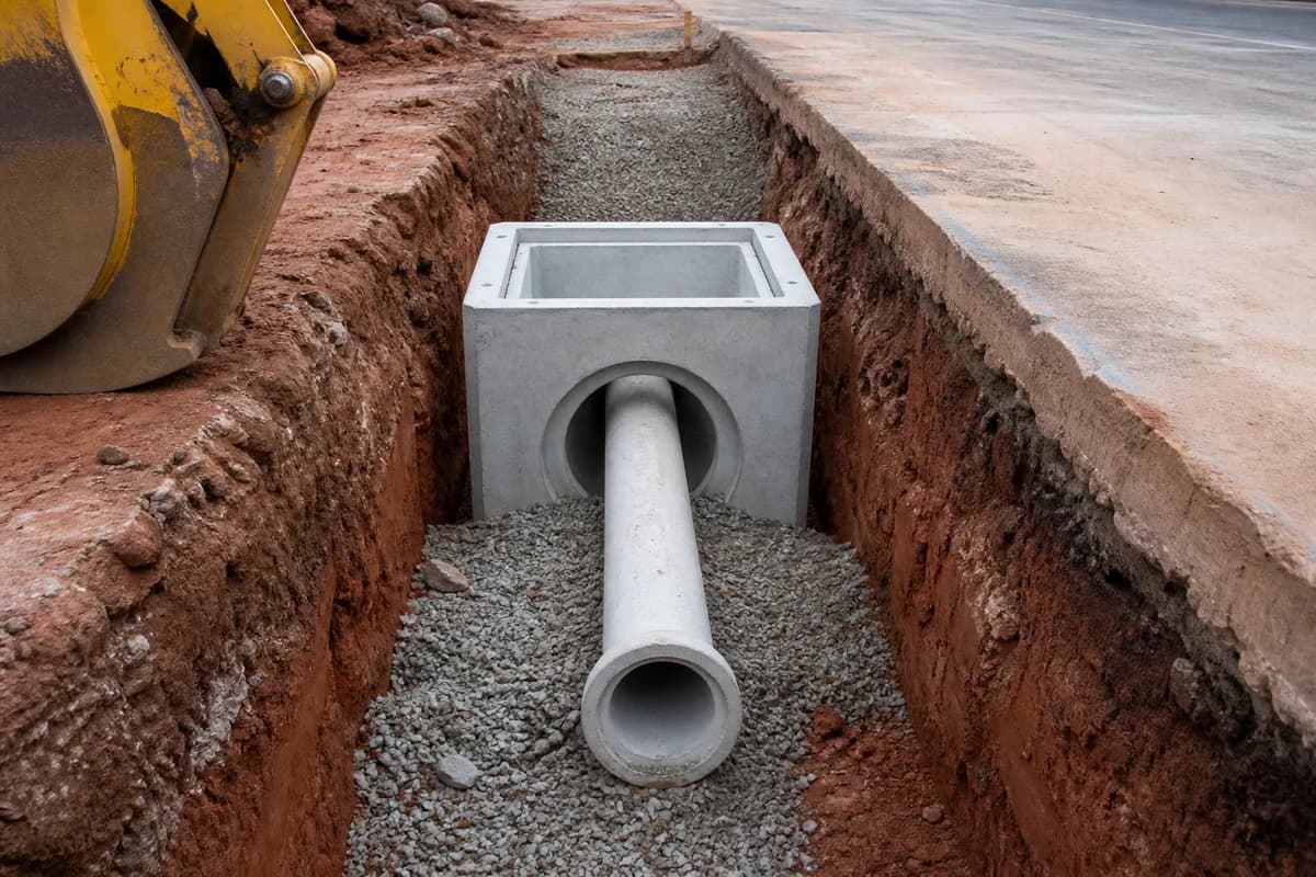 Drainage and utilities NSW stormwater pit and pipe bedding beside a compacted warehouse hardstand edge in New South Wales