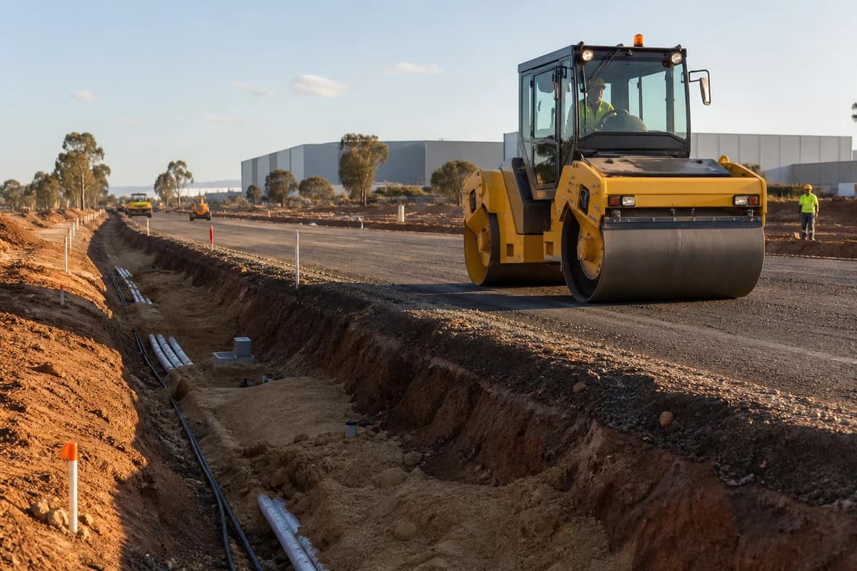 Roadworks Western Sydney Aerotropolis roller compacting a precinct road beside a utility trench on a NSW industrial lot