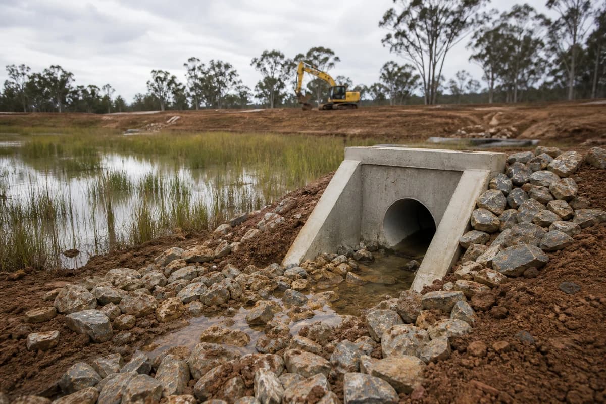 Drainage contractor Western Sydney Aerotropolis stormwater basin headwall on red-brown Cumberland Plain clay in NSW, Australia