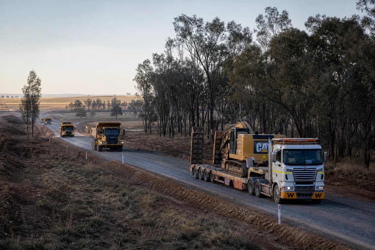 Yellow dump trucks mobilising along a gravel access road on the Western Sydney Aerotropolis Cumberland Plain in NSW, Australia