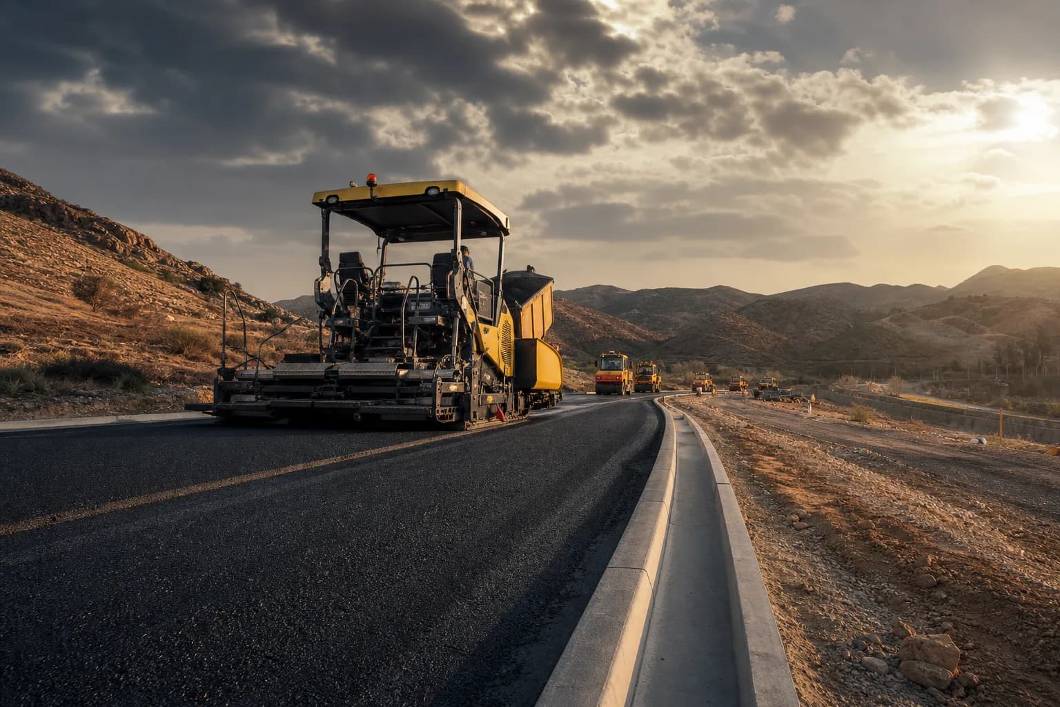 Regional Australian energy corridor access road with pavement, drainage, and construction traffic controls.